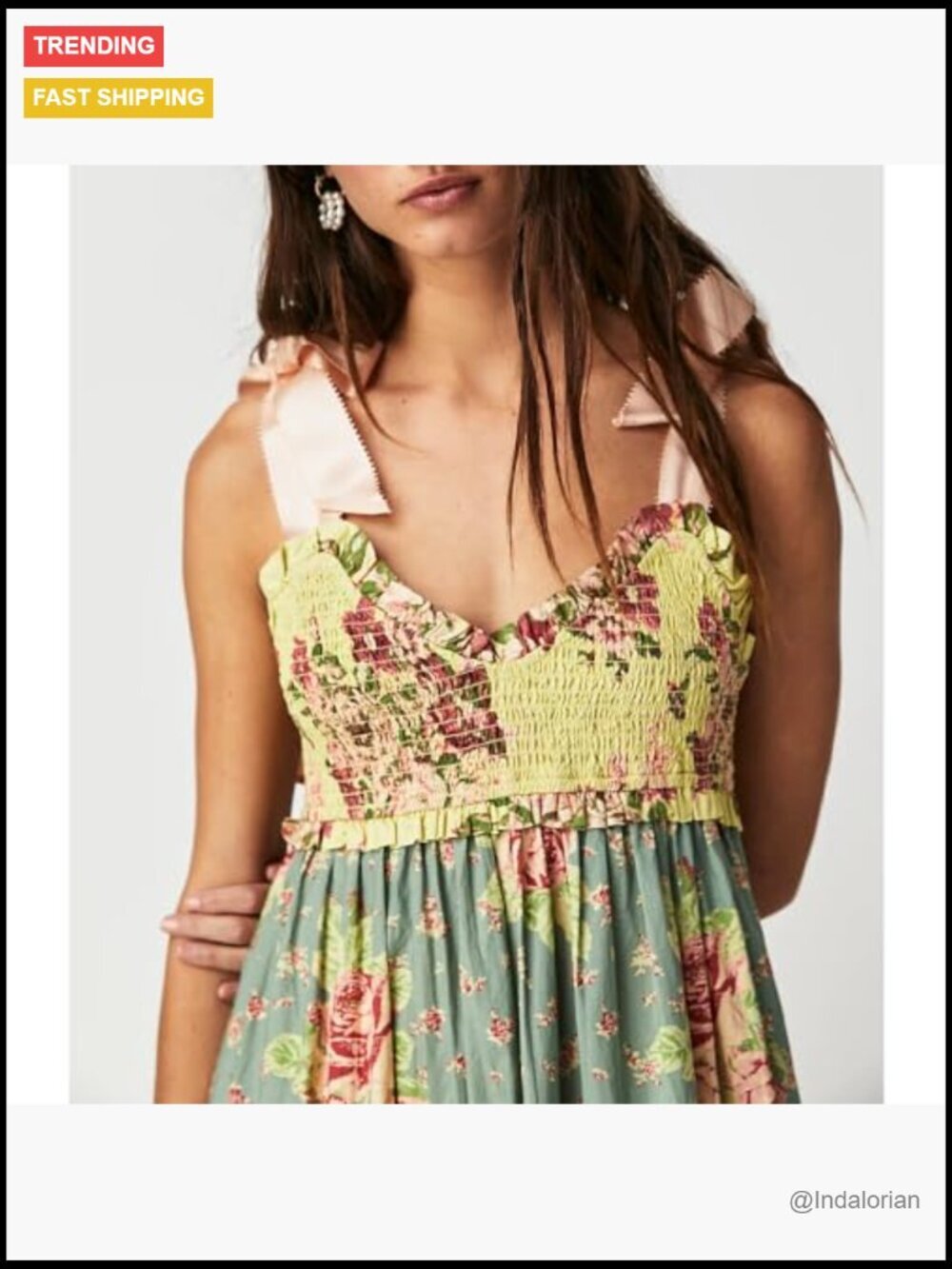 Floral Maxi Dress with Pockets Smocked Bodice Adjustable Tie Shoulder - Picture 3 of 6